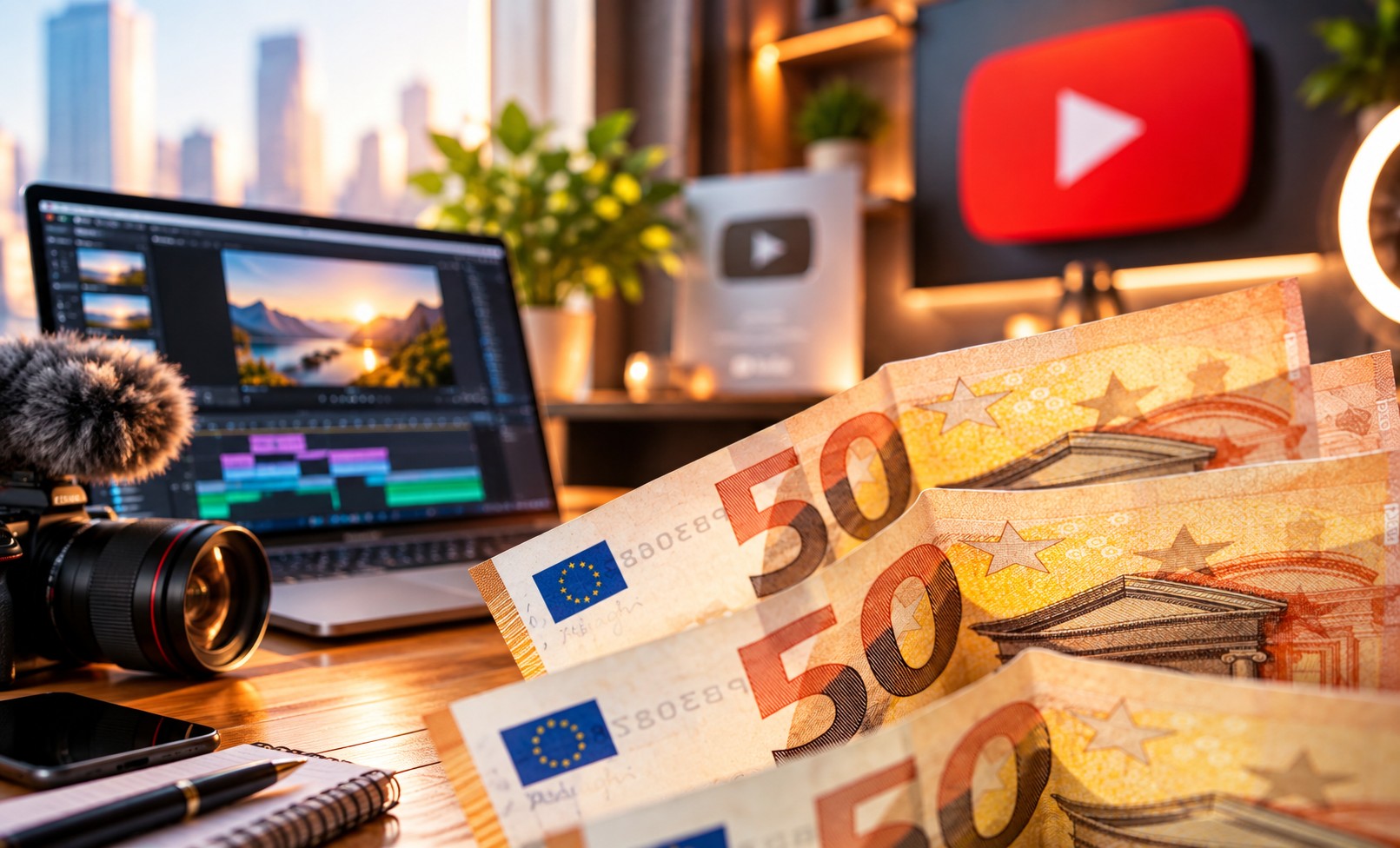 Poste de montage vidéo avec une timeline, un microphone et un casque, entouré d'icônes représentant les revenus publicitaires, l'affiliation, les partenariats et le travail pour des clients.